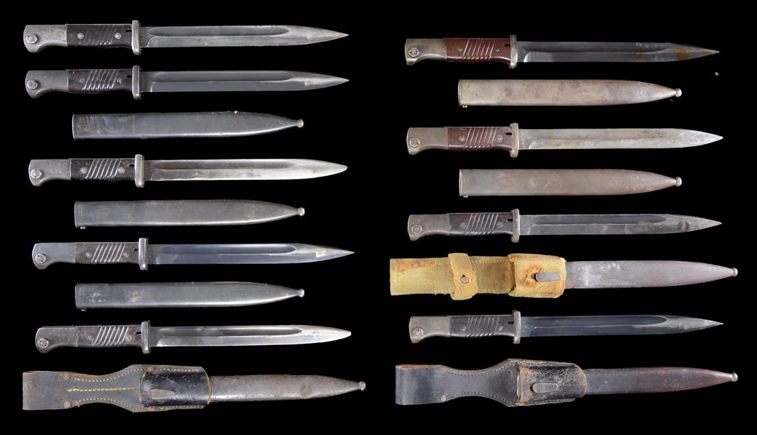 9 WWII ERA GERMAN MAUSER K-98 BAYONETS.: This lot includes 1 bayonet with matching numbers & a khaki canvas frog. Scabbard has several dents. / 1 Bayonet with matching numbers “0881”. / 1 Bayonet with matching numbers “1925”.