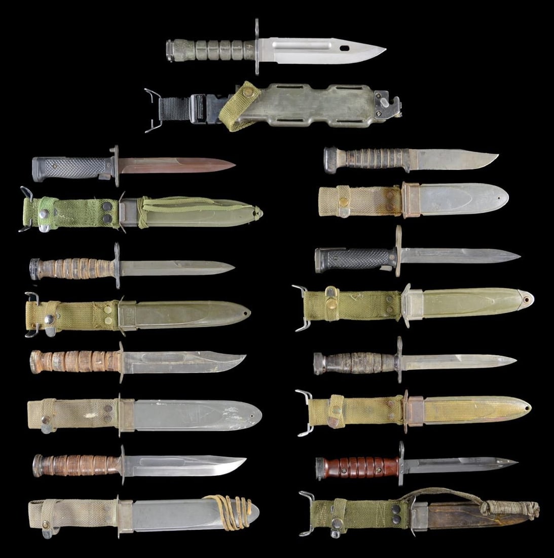 9 U.S. BAYONETS & FIGHTING KNIVES.: This lot consists of 1 U.S. Navy mark 2 fighting knife by Camillus. The blade is stamped near the hilt “U.S.N. MARK 2” & “CAMILLUS, N.Y.”. Knife is in the correct USN MK2 sheath. / 1 U
