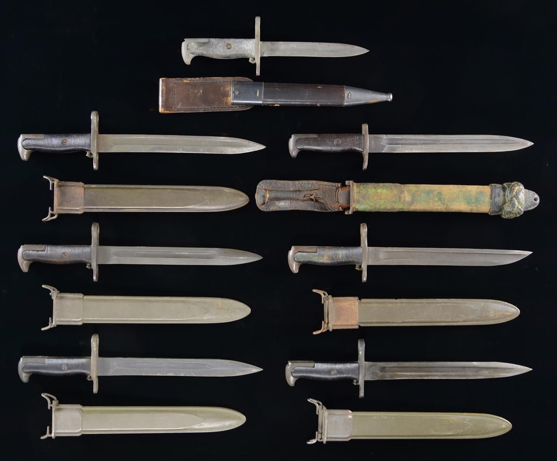 7 U.S. EDGED WEAPONS.: This lot includes 5 U.S. M1 Garand bayonets with scabbards measuring approx. 16” overall. / 1 U.S. M1905 bayonet, remanufactured in the field to a trench knife. Overall length of 16 5/8” w