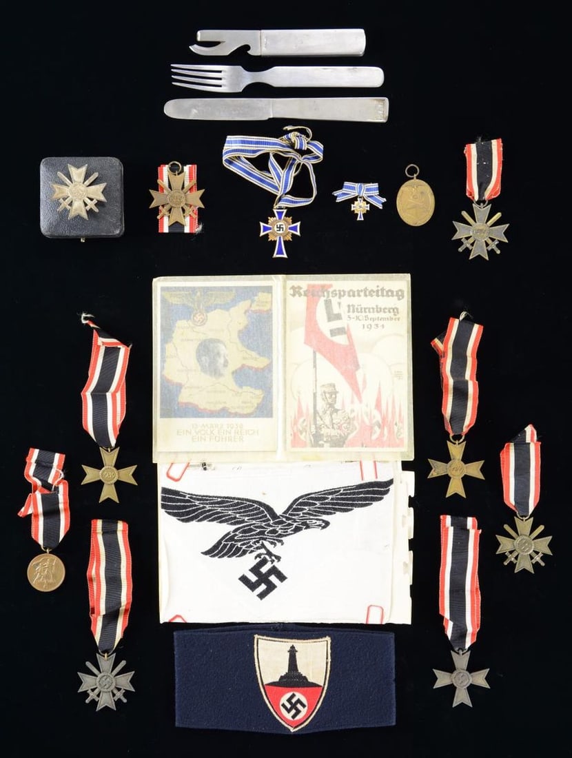 WWII GERMAN MEDALS, POST CARDS, ARMBAND, & MORE.: This lot consists of 1 War Merit Cross with swords & ribbon in original issue envelope. / 3 War Merit Crosses without swords but with ribbons. / 3 War Merit Crosses with swords & ribbons. / 1 Bronze M