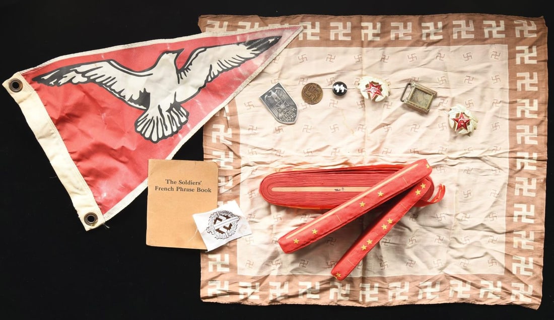 WWII JAPANESE INSIGNIA, RUSSIAN CAP BADGES,: REPRODUCTION WWII GERMAN ITEMS, & MORE. This lot consists of 3 uncut rolls of WWII Japanese collar insignia. Rolls include single star, double star, & single bar. / 2 Late-20th century Russian cap bad