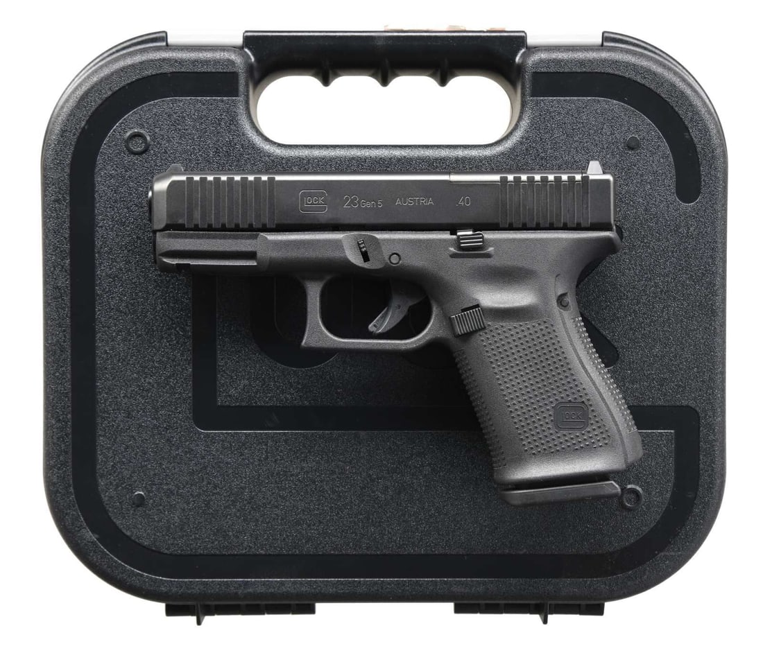 GEN5 GLOCK 23 MOS SEMI AUTO PISTOL.: Cal. 40 S&W. S# BMPG578. Bbl. 4". Standard white outline Glock sights. Slide has RMR cut for reflex sight mounting. Austrian made Gen 5 Glock 23 pistol. Polymer frame w/ accessory rail. MAGS: 3-13 rd.