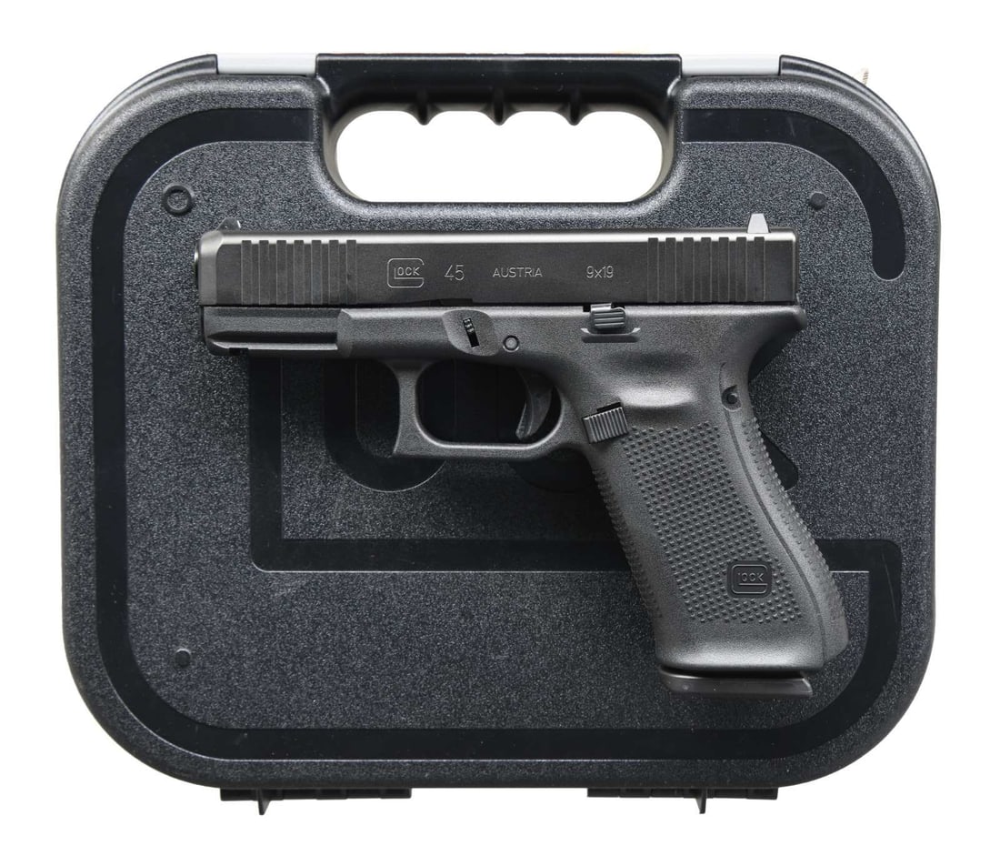 GLOCK 45 SEMI AUTO PISTOL.: Cal. 9x19. S# BPHU724. Bbl. 4 1/2". Standard white outline Glock sights. USA made Glock Model 45 pistol. Matte black finish. Polymer frame w/ accessory rail. MAGS: 3-17 rd. UNATTACHED ACCESSORIES: mat