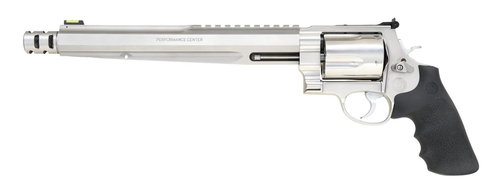 SMITH & WESSON 460 XVR PERFORMANCE CENTER DA: REVOLVER. Cal. 460 S&W Mag. S# DPM1219. Bbl. 10 1/2" w/ muzzle brake. Fiber optic front sight. Adjustable rear sight. Bbl. has picatinny style rail for scope mounting. 5-shot cyl. Stainless finish. Bl