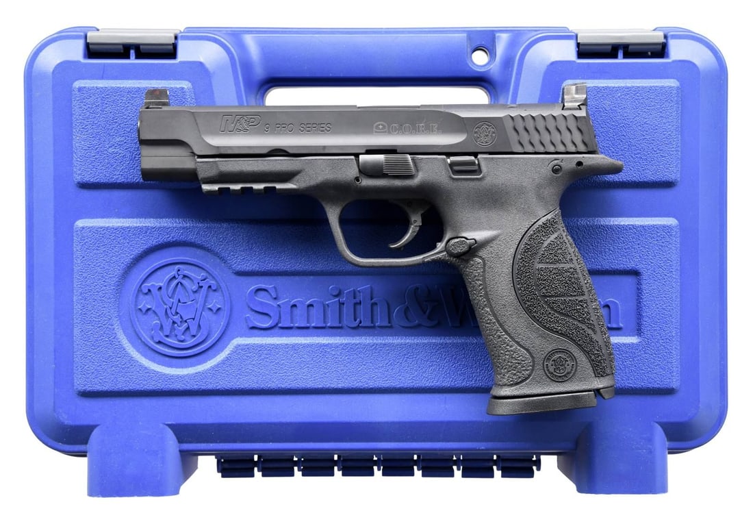 SMITH & WESSON MODEL MP9 PRO SERIES PISTOL WITH: C.O.R.E. Cal. 9mm. S# DYE8514. Bbl.5". A full size pistol w/ a 17+1 magazine capacity. Polymer frame. Striker fired. Matte black finish. C.O.R.E. electronic sight ready, rear serrated slide. High-rise