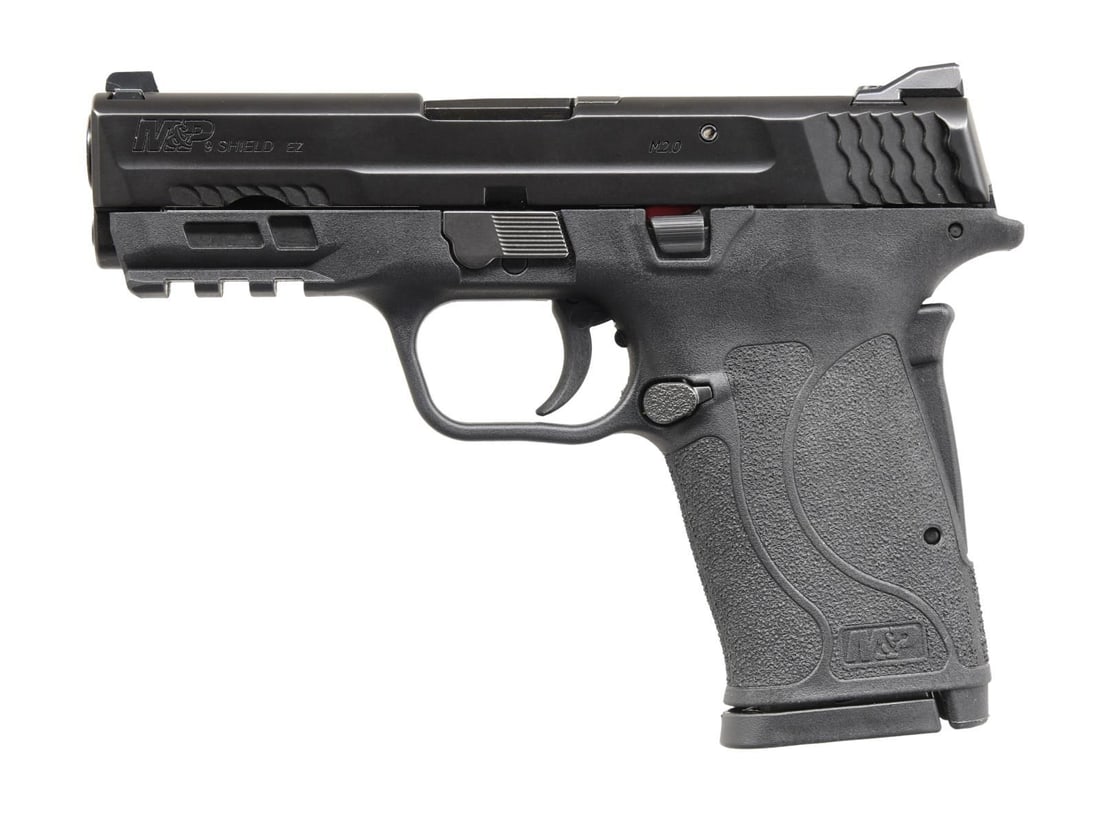 LIKE NEW SMITH & WESSON M&P 9MM SHIELD EZ PISTOL.: Cal. 9MM. S# RFS1371. Bbl. 3.5". A Micro-compact size pistol w/ an 8+1 magazine capacity. Lightweight polymer frame w/ 18-degree grip angle. Matte black finish. Slide serrated front & rear. White, 3-d