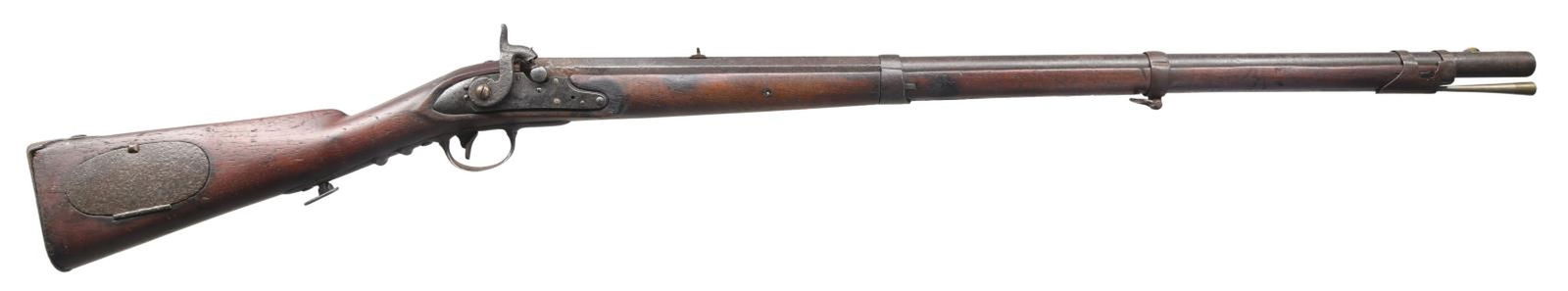 SCARCE DERINGER 1814 COMMON PERCUSSION RIFLE.: Cal. 58. NSN. Bbl. 33" rifled part-oct part-rnd. Round brass blade front sight. V-notch rear sight. Scarce Deringer made 1814 "Common Rifle" updated to percussion. Lock marked "US/HDERRINGER/PHILA". L