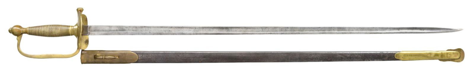 US M1840 NCO SWORD BY EMERSON & SILVER.: Overall length: 39 1/4". Blade length: 32". Blade has a single wide fuller and is stamped at the ricasso "EMERSON & SILVER TRENTON N.J." on one side & "U.S DFM 1862" on the other. Solid brass hilt w/