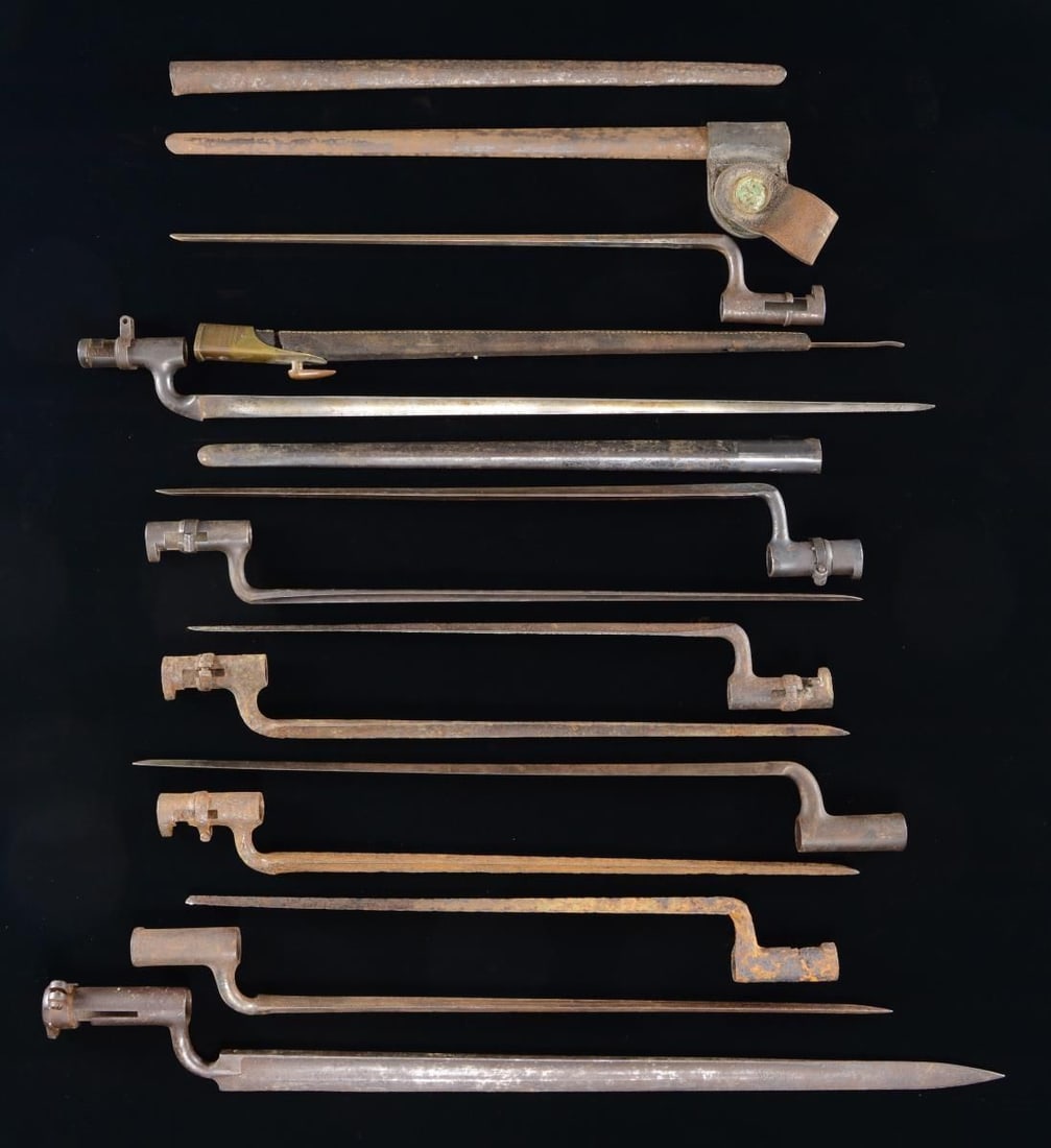 11 SOCKET BAYONETS & A 45\70 SCABBARD.: This lot consists of 1 M1795-M1816 transitional bayonet in excavated condition. / 1 Austrian M1849 Jager carbine sword bayonet. / 2 M1854 Austrian Lorenz bayonets. / 1 British Martini-Henry bayonet wi