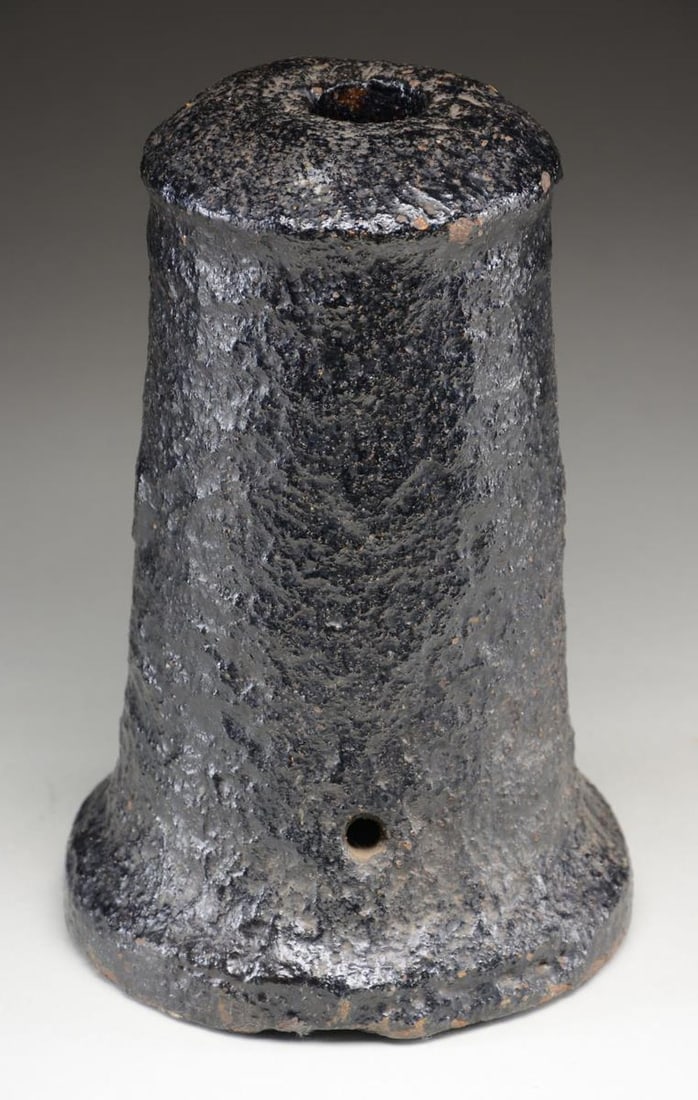 REVOLUTIONARY WAR ERA "THUNDER MUG" SIGNAL CANNON: OR POWDER TESTER. This extremely heavy signal cannon measures nearly 11" tall and 7 1/2" wide at the base. The muzzle is 1 1/4" in diameter, and the touch hole is 2 1/2" up from the base. Cannons like