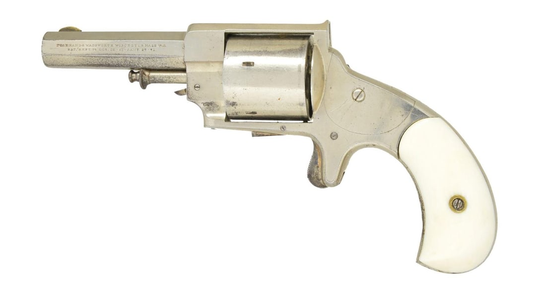 FOREHAND & WADSWORTH BULLDOG REVOLVER.: Cal. 357. S# 19R. Bbl. 3" octagonal. Mfg. 1870's. Nickel plated 5 shot single action revolver. Top strap marked "BULL DOG". Smooth front & backstraps. Ivory grips. CONDITION: finish coverage is fairly