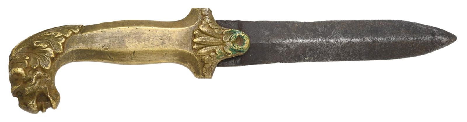 EUROPEAN STYLE KNIFE.: Overall: 11 1/8". Blade: 6" appearing hand forged. Brass appearing lion's head pommel handle with hilt having floral motifs. CONDITION: blade showing patina & pitting. Handle has mustard patina with s
