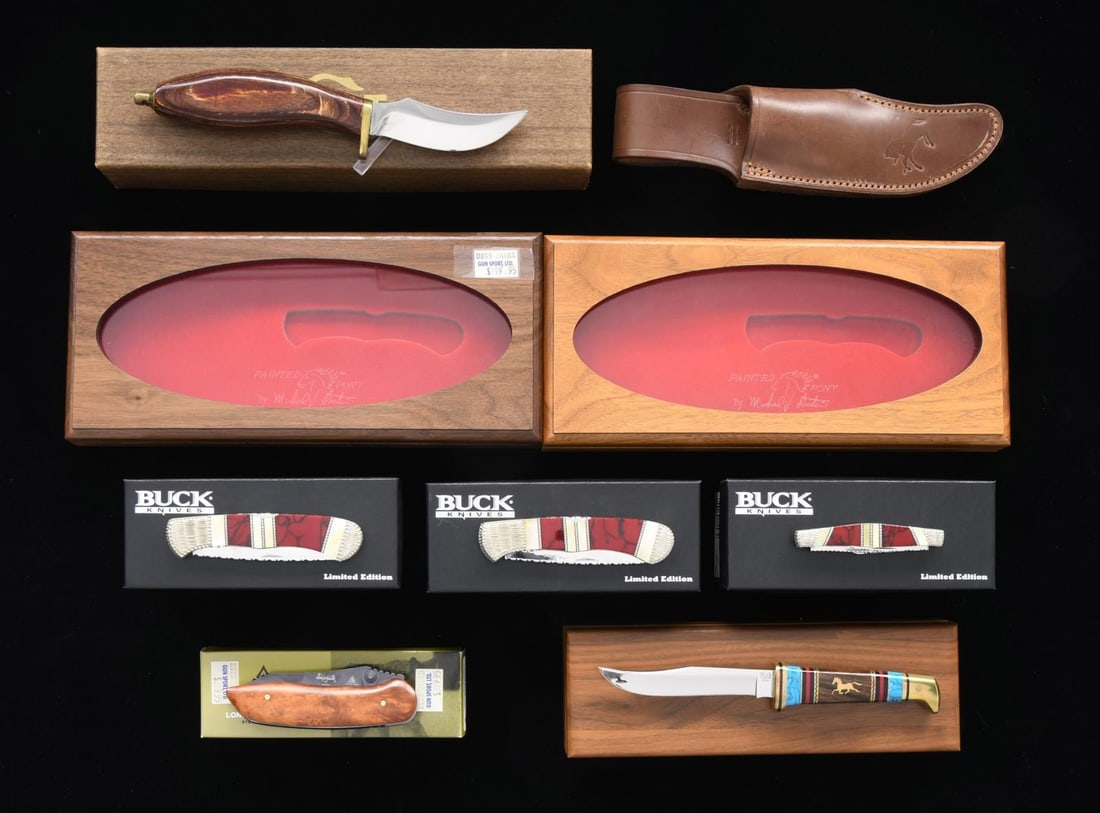 LOT OF 3 CUSTOM KNIVES WITH BOXES & DISPLAY CASES.: 1) Colt skinning knife marked with the stylized "COLT" logo above "SHEFFIELD/ ENGLAND" on the left and with the Rampant Colt logo on the right. Blade measures 3 1/2". Brass half guard and pommel with