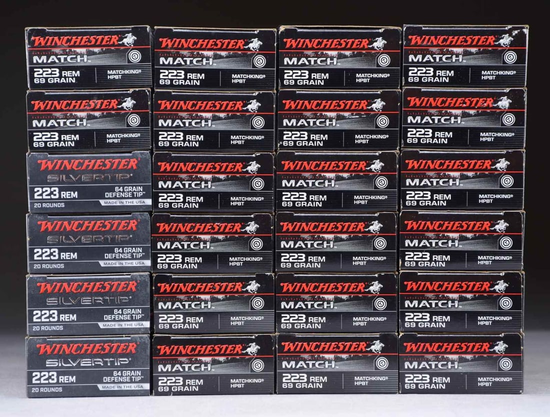 400 RDS. (24 BOXES) WINCHESTER 223 REM. AMMO.: 80 RDS, (4 BOXES) Silvertip 64 gr. defense tip. 400 RDS. (20 BOXES) Match 69 gr. Matchking HPBT. CONDITION: boxes near excellent & ammo appears serviceable. PROVENANCE: the Collection of Gun Sport Ltd