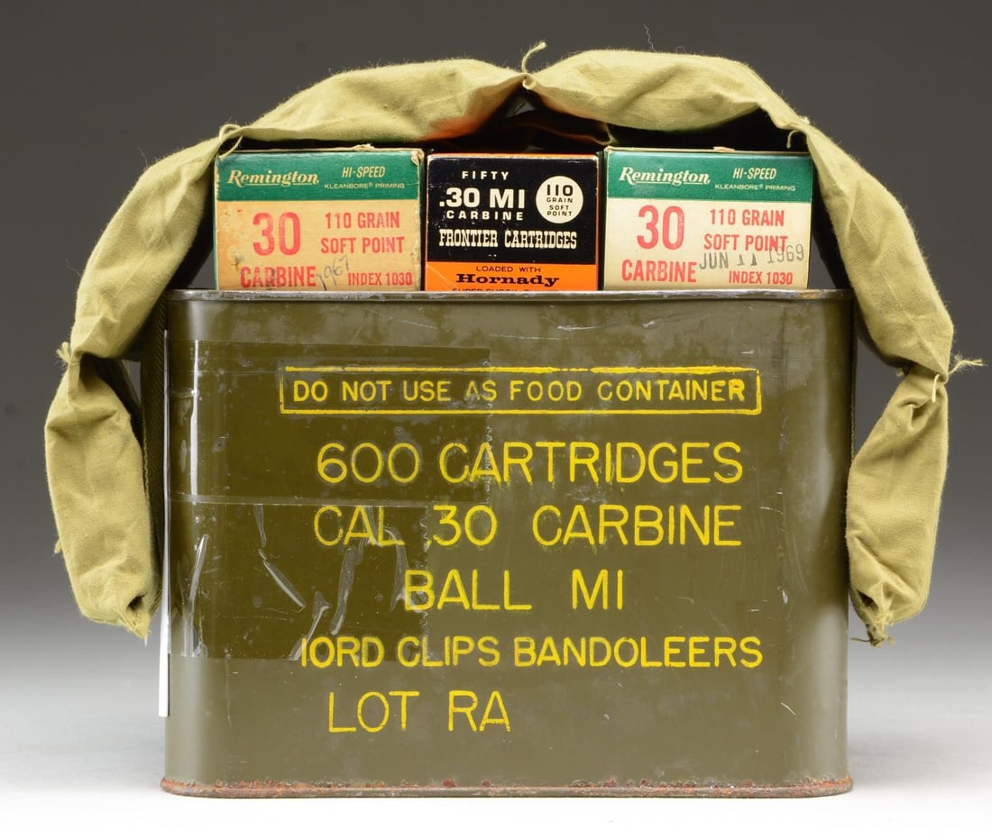 830 RDS. OF 30 CARBINE AMMO.: 1 Sealed can & 1 Bandolier (720 rds.) RA Ball M1. 2 Boxes (80 rds.) Rem. 110 gr. soft point. 1 Box (30 rds.) Hornady Frontier 110 gr. Soft point. CONDITION: Ammo appears serviceable, boxes appear good