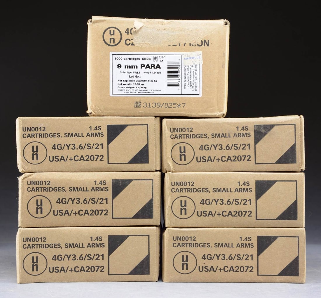 7 SEALED CASES (1,600 RDS.) 9MM LUGER AMMO.: 6 CASES (600 rds.) Sig Sauer Elite Performance 124 gr. JHP. 1 CASE (1,000 rds.) Sellier & Bellot 124 gr. FMJ. CONDITION: sealed as is. PROVENANCE: The Collection of Gun Sport Ltd owned by Jon R. Thoma