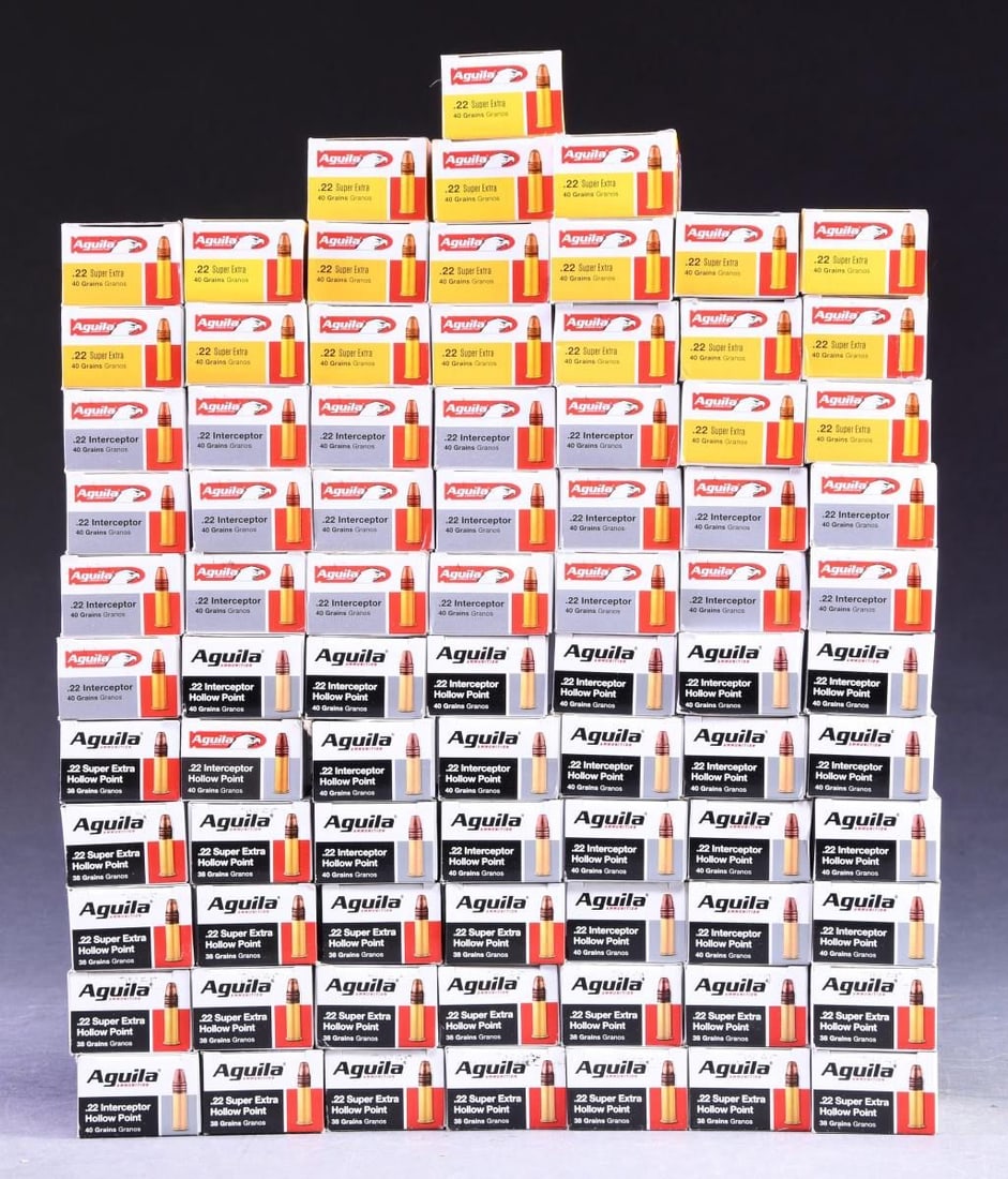 152 BOXES (14,200+ RDS.) OF 22 LR AMMO.: LOT CONTAINS HOLLOW POINT AMMUNITION. 5 BRICKS (2,500 rds.) Aguila 22 LR 38 gr. Super Extra Hollow Point. UPC: 640420013145. 5 BRICKS (1,500 rds) Winchester Super X 100th Anniversary 40 gr. power poin