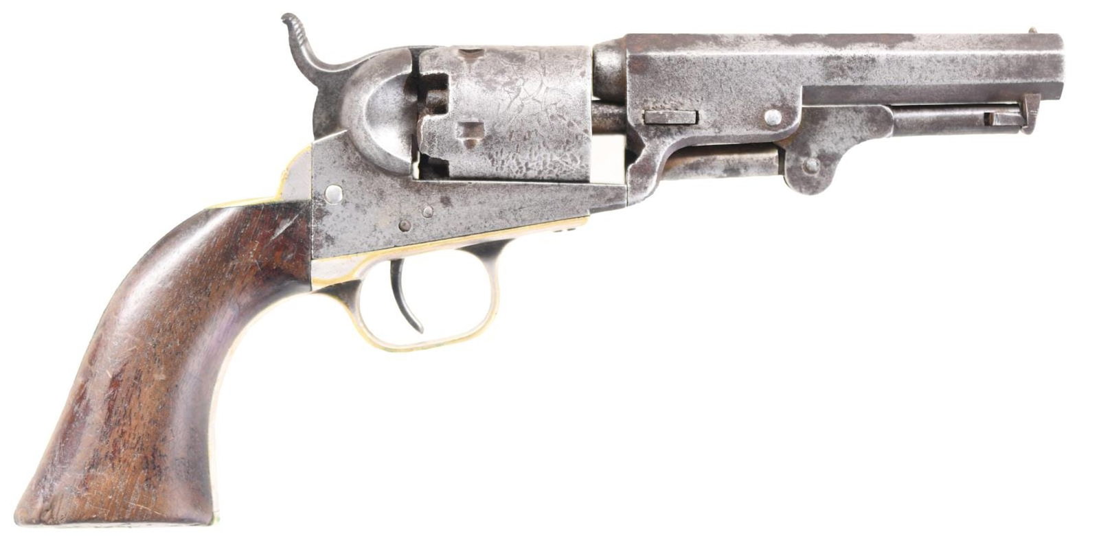 COLT MODEL 1849 POCKET SINGLE ACTION PERCUSSION: REVOLVER WITH CUSTOM PERIOD HOLSTER. Cal. 31. S# 106515. Bbl. 4". Model 1849 Pocket single action percussion revolver mfg. by Colt in 1855. The top flat of the octagonal bbl. is marked with Colt's add