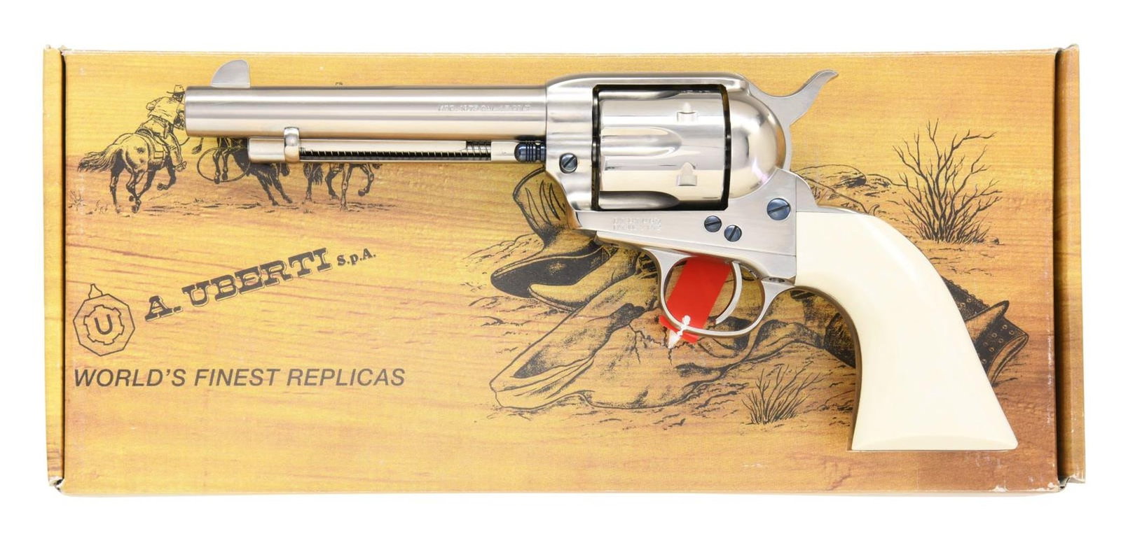 UBERTI CATTLEMAN NM SA REVOLVER.: Cal. 45 Colt. S# UX0870. Bbl. 5 1/2". Fixed front sight & fixed rear sight. Cody model Cattleman revolver. Nickel finish w/ fire blued screws. Simulated ivory grips. UNATTACHED ACCESSORIES: matching n