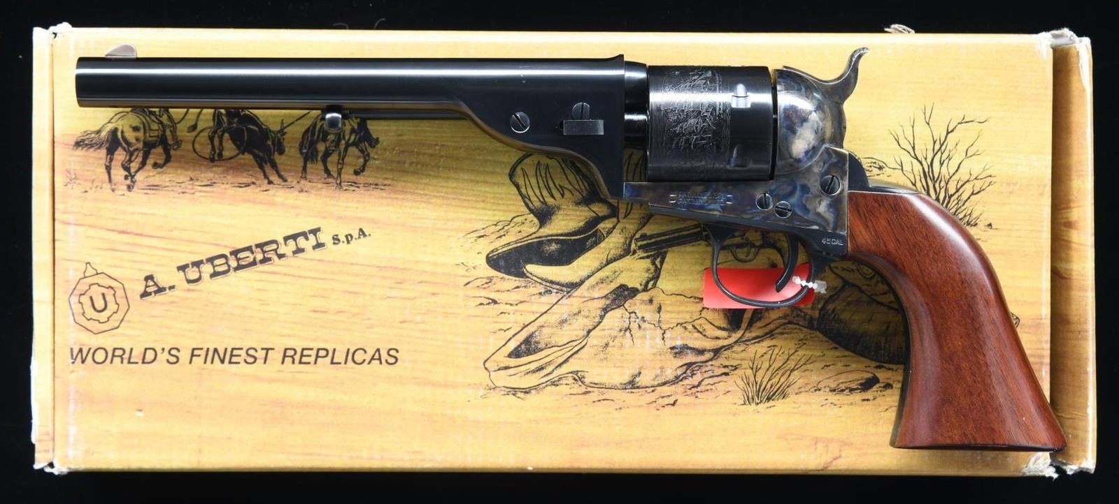 UBERTI NEW ARMY CONVERSION OPEN TOP SA REVOLVER.: Cal. 45 Colt. S# X68603. Bbl. 7 1/2". Blade front sight. Fixed rear sight. Case colored hammer, loading gate, & frame. Other parts are blued w/ navy scene on cyl. Walnut grips. UNATTACHED ACCESSORIES: