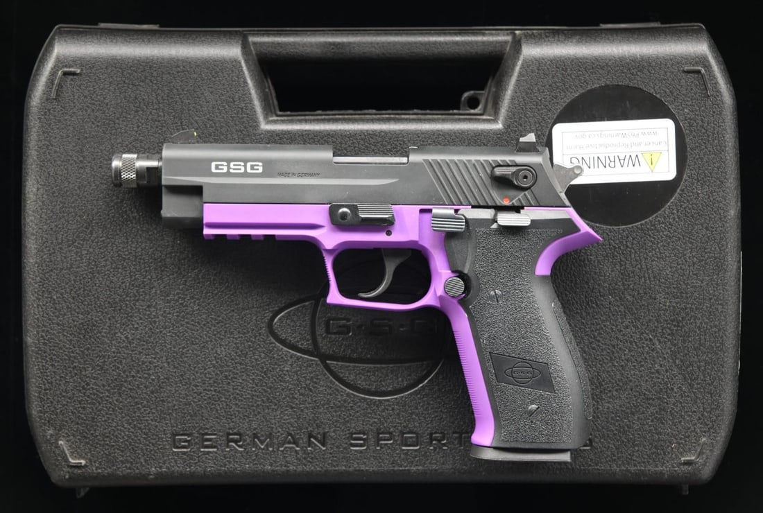 GSG FIREFLY SEMI-AUTOMATIC PISTOL WITH MATCHING: CASE. Cal. 22 LR. S# F429673. Bbl. 4 5/8". Firefly semi-automatic pistol mfg. by GSG in Germany and imported by American Tactical. The left side of the slide is marked "GSG" followed by "MADE IN GERMA