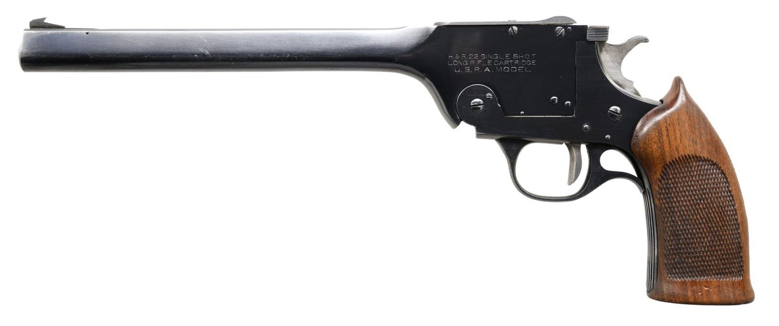 H&R USRA SINGLE SHOT PISTOL.: Cal. 22 LR. S# 2483. Bbl. 10". Ramped blade front sight. Square notch rear sight. Blue finish. Very good mechanics when cycled by hand. Checkered walnut one-piece grip. CONDITION: grip assembly shows