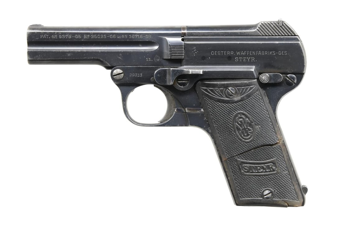 STEYR PIEPER 1908 SEMI AUTO PISTOL.: Cal. 7.65mm (32 ACP). S# 29313. Bbl. 3 1/2". Round blade front sight. V-notch rear sight. Right side of bbl. has Austrian "NPV" proof. Left side of bbl. has "11" date denoting 1911 mfg. Blue finish. H