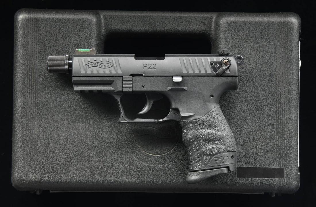 WALTHER P22 TACTICAL SEMI-AUTOMATIC PISTOL WITH: MATCHING FACTORY CASE. Cal. 22 LR. S# Z127459. Bbl. 3 1/2". P22 Tactical semi-automatic pistol mfg. by Walther in Germany and imported by Smith & Wesson. Both sides of the slide are marked with the Wa