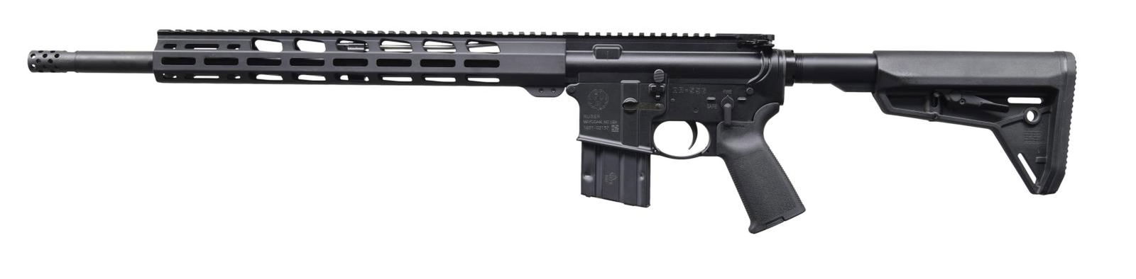 RUGER 450 BUSHMASTER MODEL AR-556 SEMI-AUTO RIFLE.: Cal. 450 Bushmaster. S# 1851-02157. Bbl. 18.63" hammer forged with black nitride finish having 1 in 16" 5R rifling best suited for 170 to 260 grain bullets; Ruger radial ported muzzle brake. Mfg. 2022