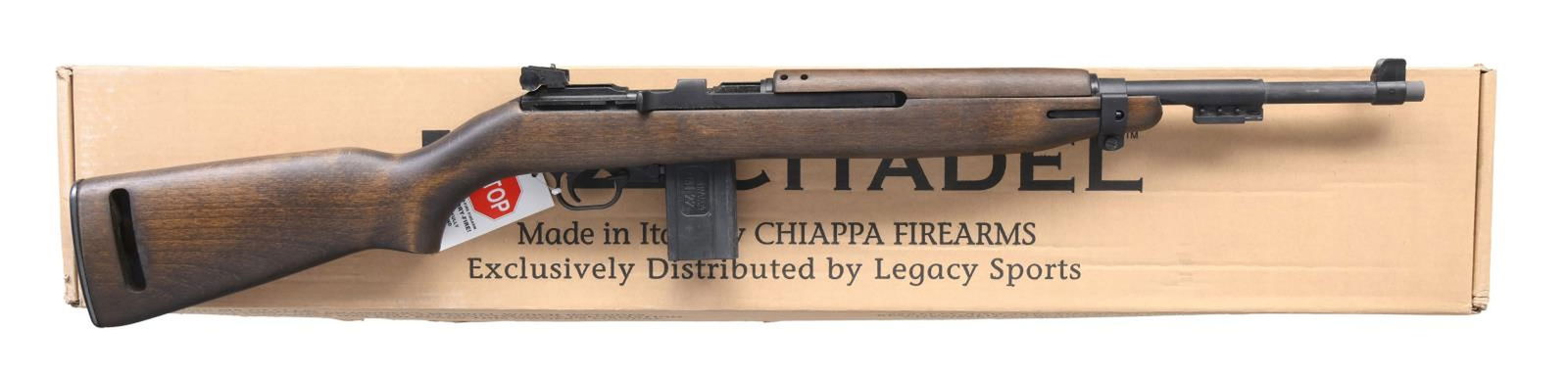 CHIAPPA / LEGACY SPORTS M1-22 SEMI-AUTOMATIC RIFLE: WITH MATCHING FACTORY BOX. Cal. 22 LR. S# 12F84384. Bbl. 17". M1-22 semi-automatic rifle mfg. by Chiappa in Italy, imported by Chiappa Firearms, and exclusively distributed by Legacy Sports. Left side
