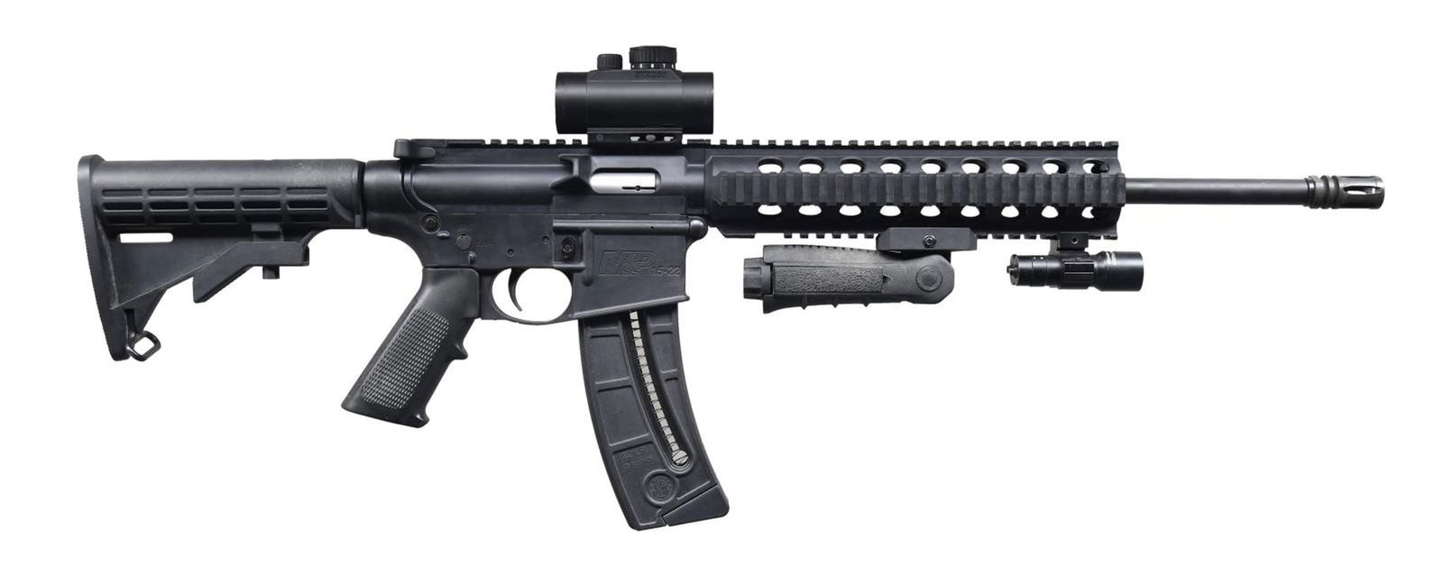 SMITH & WESSON M&P15-22 SEMI-AUTOMATIC RIFLE.: Cal. 22 LR. S# DWW6258. Bbl. 16 1/2". M&P15-22 semi-automatic rifle mfg. by Smith & Wesson. Sides of receiver exhibits markings stipulating S&W's mfg. information, as well as the model and cal. design