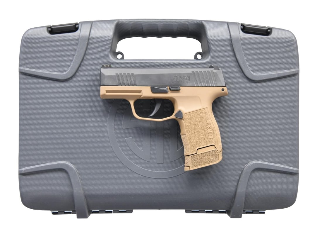 SIG SAUER P365 COYOTE SEMI AUTO PISTOL.: Cal. 9mm Luger. S# 66B768566. Bbl. 3". Three dot night sights. Matte black finished slide. Coyote finished frame w/ accessory rail. MAGS: 2-12 rd. & 1-15 rd. Total of 3. UNATTACHED ACCESSORIES: matchi