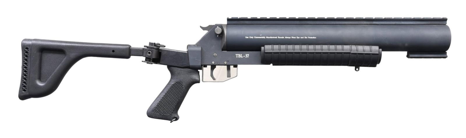 BATES & DITTUS LLC TBL-37 LAUNCHER.: Cal. 37MM. S# 012210. Bbl. 16" with Picatinny rails. Black synthetic forearm. Black synthetic pistol grip and Choate Tool folding buttstock. CONDITION: near-excellent metal finish. Good, unpolished sm