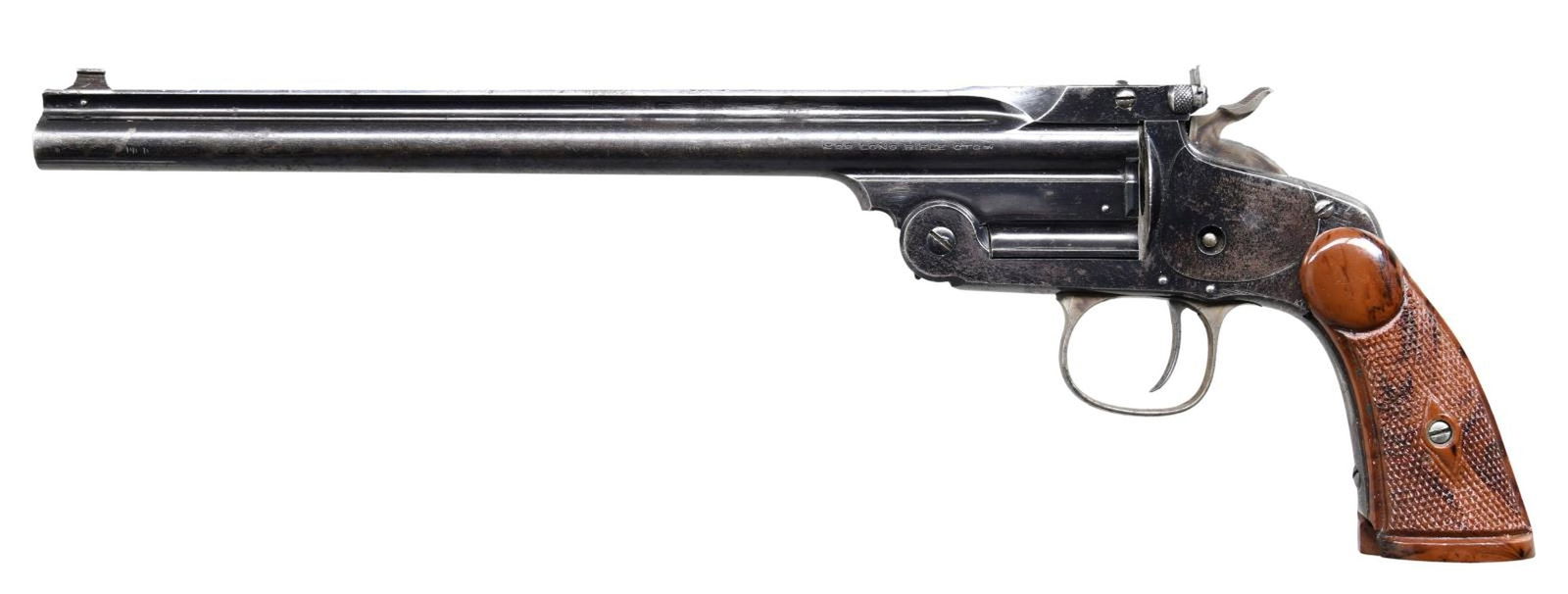 SMITH & WESSON FIRST MODEL 1891 SINGLE SHOT: PISTOL. Cal. 22 LR. S# 11157. Bbl. 10". Bead front sight, and the V-notch rear sight appears to be a replacement. First Model 1891 "Perfected" S&W single-shot pistol, mfg. 1909–1923. Matching number