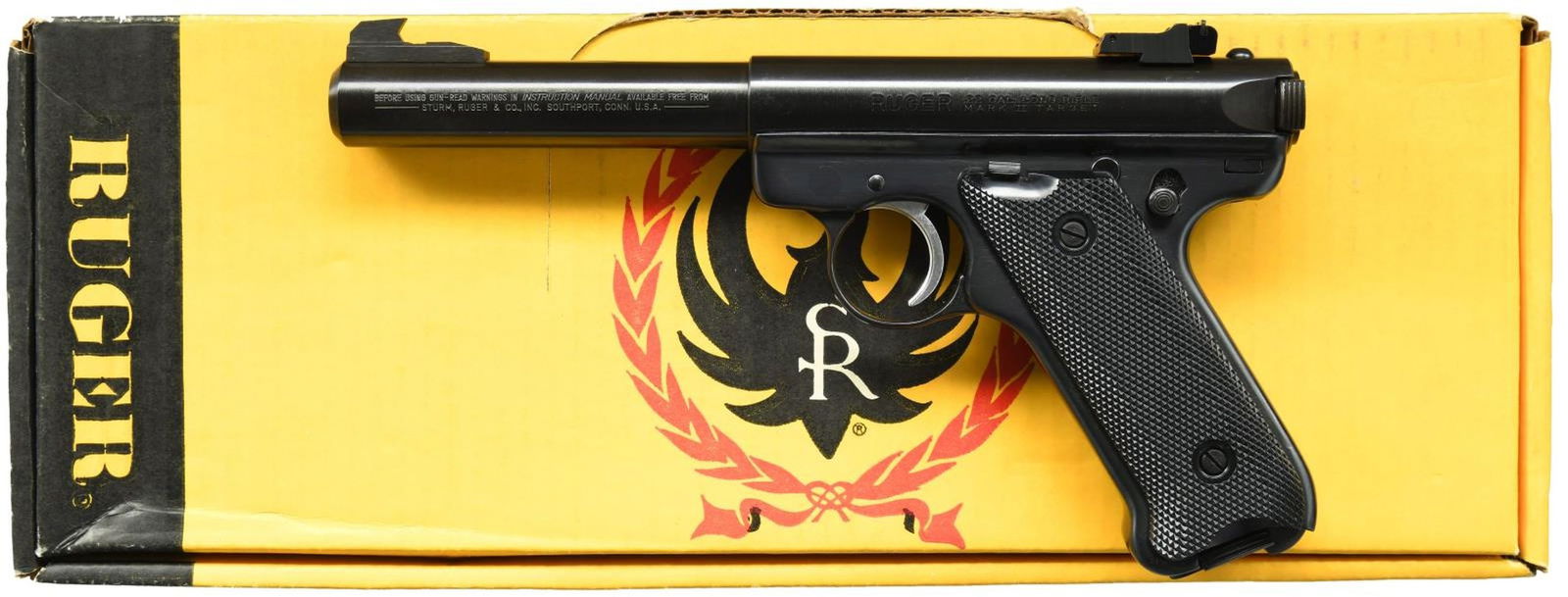RUGER BLUED MARK II TARGET SEMI-AUTO PISTOL.: Cal. 22 LR. S# 214-47732. Bbl. 5 1/2" bull, with screw attached undercut target front sight; receiver mounted adjustable rear. Mfg. 1988 (1982-2004 with introduction of MK-III) as MK-512 having silver