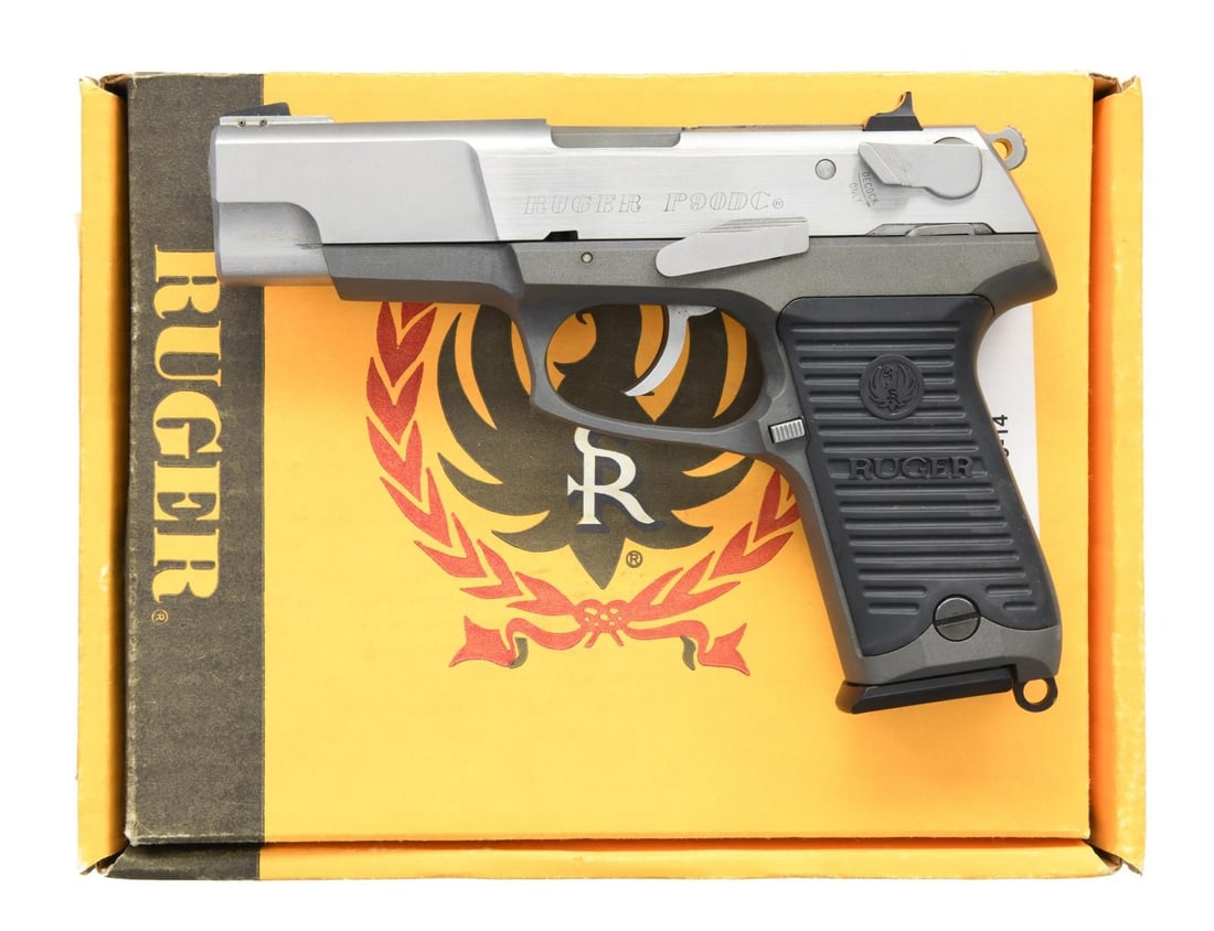 RUGER STAINLESS MODEL P90DC SEMI-AUTO PISTOL.: Cal. 9mm Luger. S# 660-02137. Bbl. 4.5" stainless. Mfg. 1991 (1991-2010) as Model 06613 (Southport, CT slide marking) with Catalog No. KP90DCW (W indicates with extra magazine); sold 2015 in Ruger ben