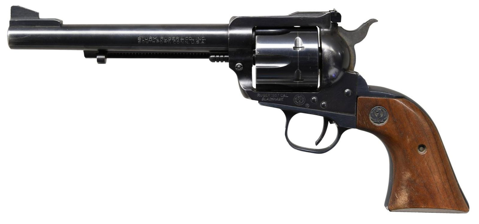 RUGER OLD MODEL 357 MAG. BLACKHAWK REVOLVER.: Cal. 357 Mag. S# 30-56865. Bbl. 6 1/2" with ramped serrated blade sight; frame mounted adjustable rear. Mfg. 1970 (1962-1973) with straight slotted alloy ejector housing, flat-faced ejector rod head, 