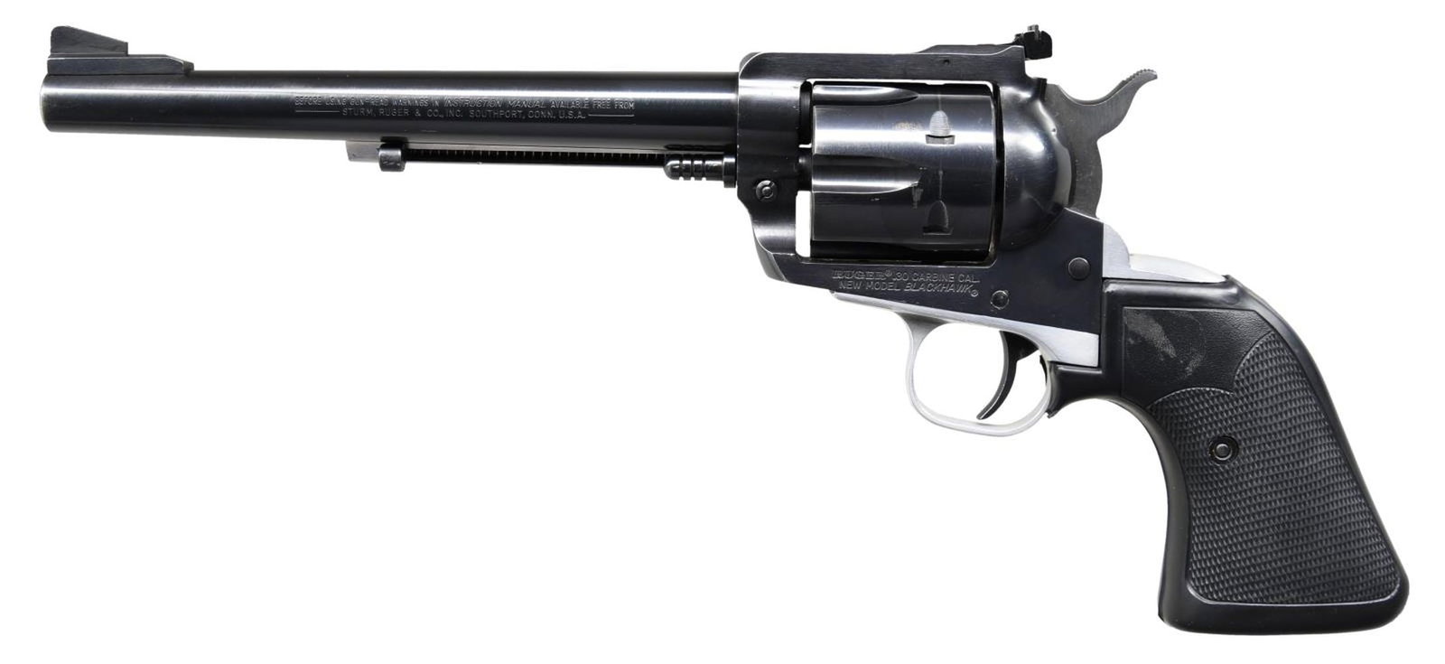 RUGER 30 CARBINE NEW MODEL BLACKHAWK REVOLVER.: Cal. 30 Carb. S# 51-18560. Bbl. 7 1/2" with serrated blade on ramped base plus frame-mounted adjustable rear. Mfg. 1979 (1973 to date) with blued finish; "warning marks" on barrel. Grip frame and ejec