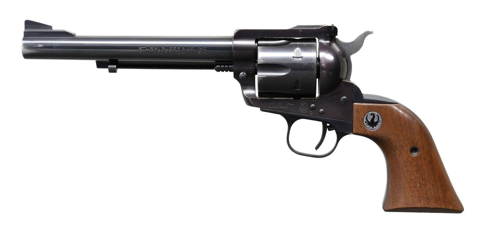 RUGER OLD MODEL BLACKHAWK REVOLVER.: Cal. 357 Mag. S# 66796. Bbl. 6 1/2" with serrated ramped blade sight; frame-mounted adjustable rear. Mfg. 1965 (1962–1973) as an improved version of the 1955–1962 model having a reinforced