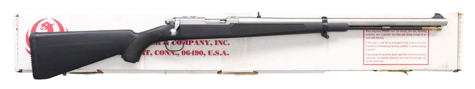 RUGER STAINLESS MODEL 77/50 MUZZLE LOADING RIFLE.: Cal. 50. S# 730-16702. Bbl. 22" with dovetailed sight set; brass bead front and folding leaf rear. Mfg. 2003 (1997-2004; approx. 20,000 units) as Model 07305 with catalog no. K77/50-RSP. Checkered, bl