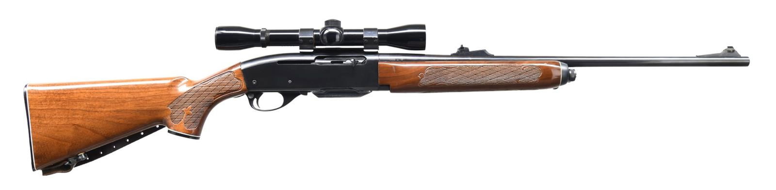 REMINGTON MODEL 742 WOODSMASTER SEMI-AUTOMATIC: RIFLE. Cal. 308 Win. S# B7198712. Bbl. 22". Model 742 Woodsmaster semi-automatic rifle mfg. by Remington Arms Co. The left side of the bbl. is marked with Remington's mfg. and patent information, foll