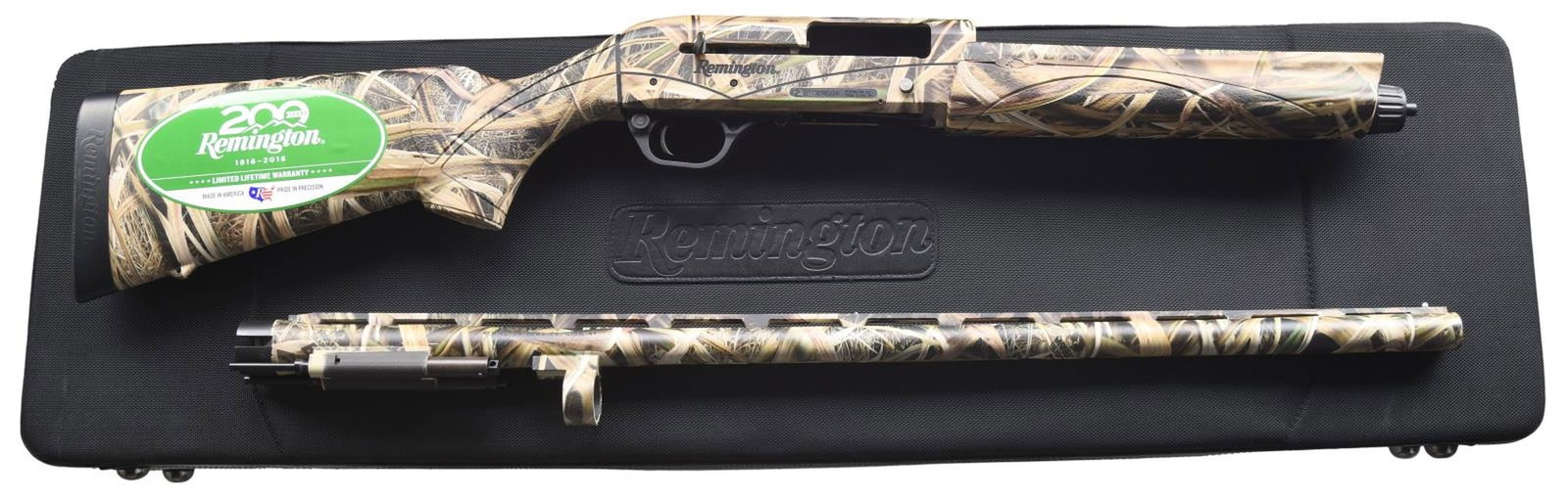 REMINGTON V3 FIELDSPORT SEMI AUTO SHOTGUN WITH: CASE & MATCHING BOX. Cal. 12 Ga., 2 3/4" & 3". S# RN21850A. The 28" VR barrel has white & bright beads. Fitted for interchangeable choke tubes; Full, Mod. & Skeet included. Mossy Oak Blades finish on 