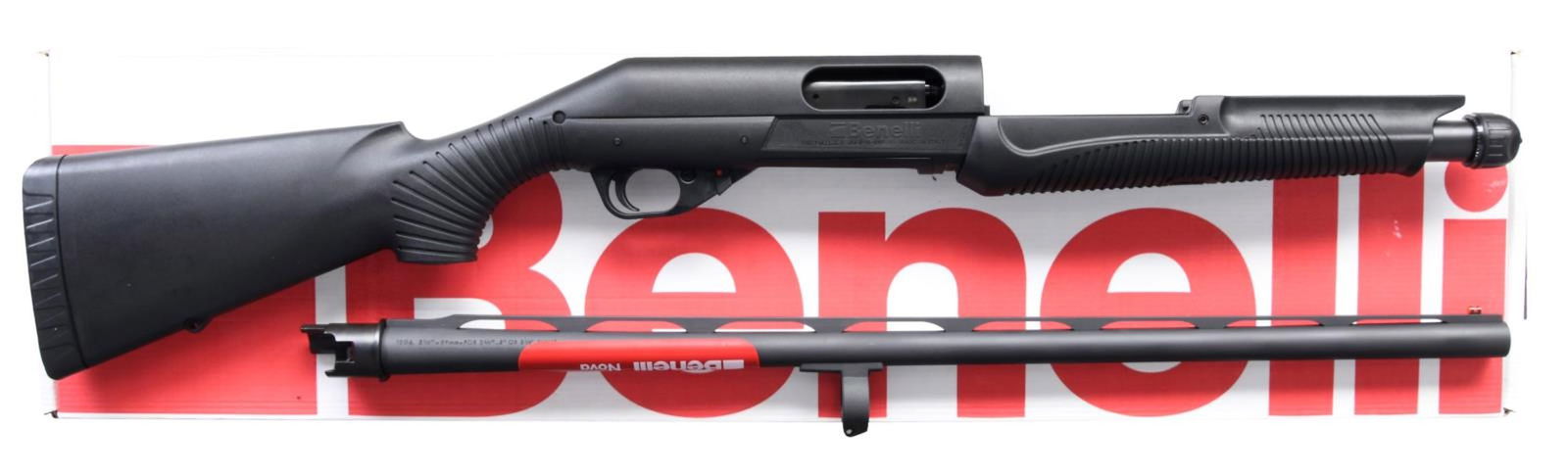 BENELLI NOVA PUMP ACTION SHOTGUN WITH MATCHING: FACTORY BOX. Cal. 12 GA, 2 3/4", 3", or 3 1/2". S# Z1013271C. Bbl. 24". Nova pump action shotgun mfg. by Benelli in Italy and imported by Benelli USA Corp. Left side of bbl. exhibits Benelli's mfg. in