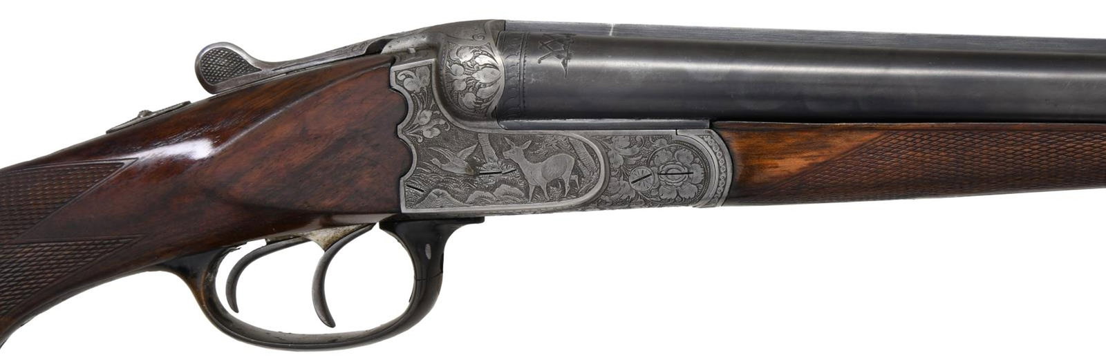 EBLEN GERMAN BOXLOCK SXS SHOTGUN.: Cal. 20 ga. 2 3/4". S# 2486. Bbls. 25 1/2" of fluid steel. Bottom of bbls. are marked "EBLEN STUTTGART". Aftermarket Briley interchangeable chokes. Cyl. & Mod tubes included. Ivory front sight w/ miss