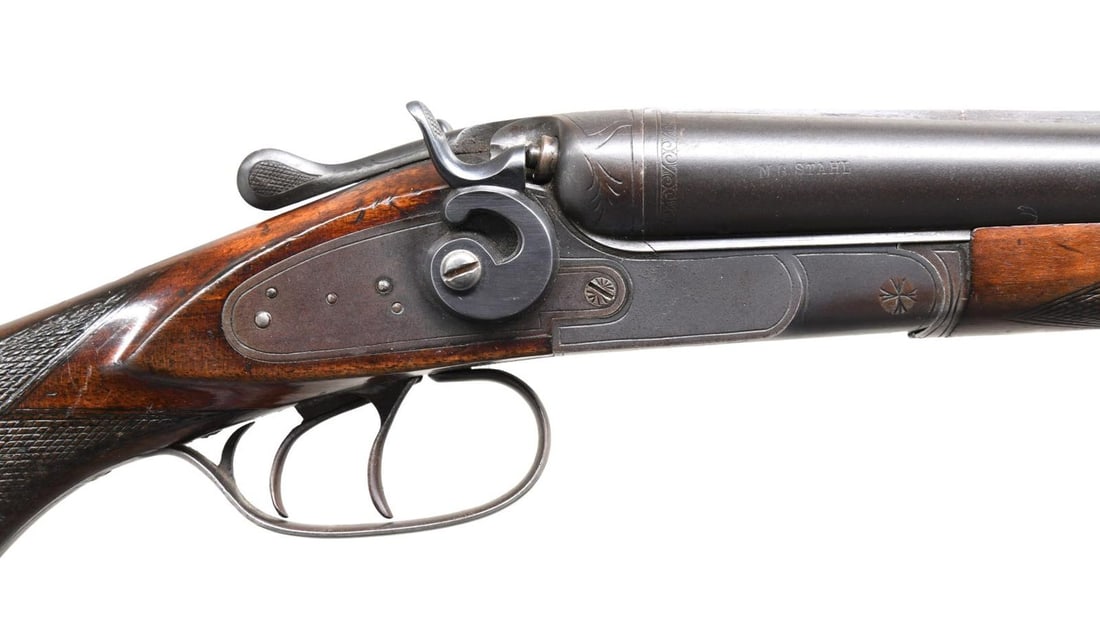 GERMAN GECO SXS HAMMER SHOTGUN.: Cal. 16 GA. S# 3238. Bbl. 29 1/2". SxS hammer shotgun mfg. in Germany by GECO. Sides of bbls. are marked "M.G. STAHL". Receiver watertables and underside of bbls. exhibit German commercial proofs. Ste