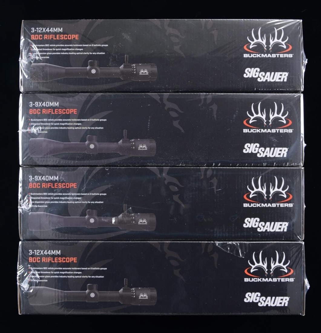 4 NIB SIG SAUER BUCKMASTERS 1" SCOPES.: All have Buckmasters BDC reticle. 1,2) 2 MODEL SOBM33001 3-9x40MM. UPC: 798681651832. 3,4) 2 MODEL SOBM43001 3-12x44MM. UPC: 798681651856. CONDITION: one box has partial tear of packaging. Balance is