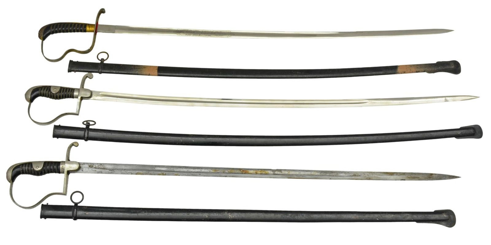 3 IMPERIAL GERMAN DRESS SWORDS.: 1) Overall length: 38”. Blade length: 31”. Blade has a single medium fuller and features a 5 1/2" etched panel on each side that shows foliate motifs with the words “In Treue Fest