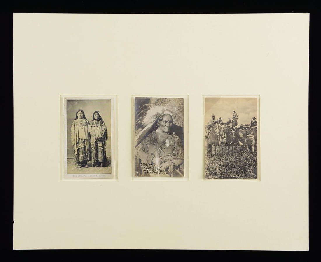3 RARE PHOTOGRAPHIC POSTCARDS OF GERONIMO.: One postcard is of the famous view of the old chief wearing feather headdress, rawhide fringed shirt, holding Confederate Dance revolver. This is the clearest & sharpest image I have seen of photo tak