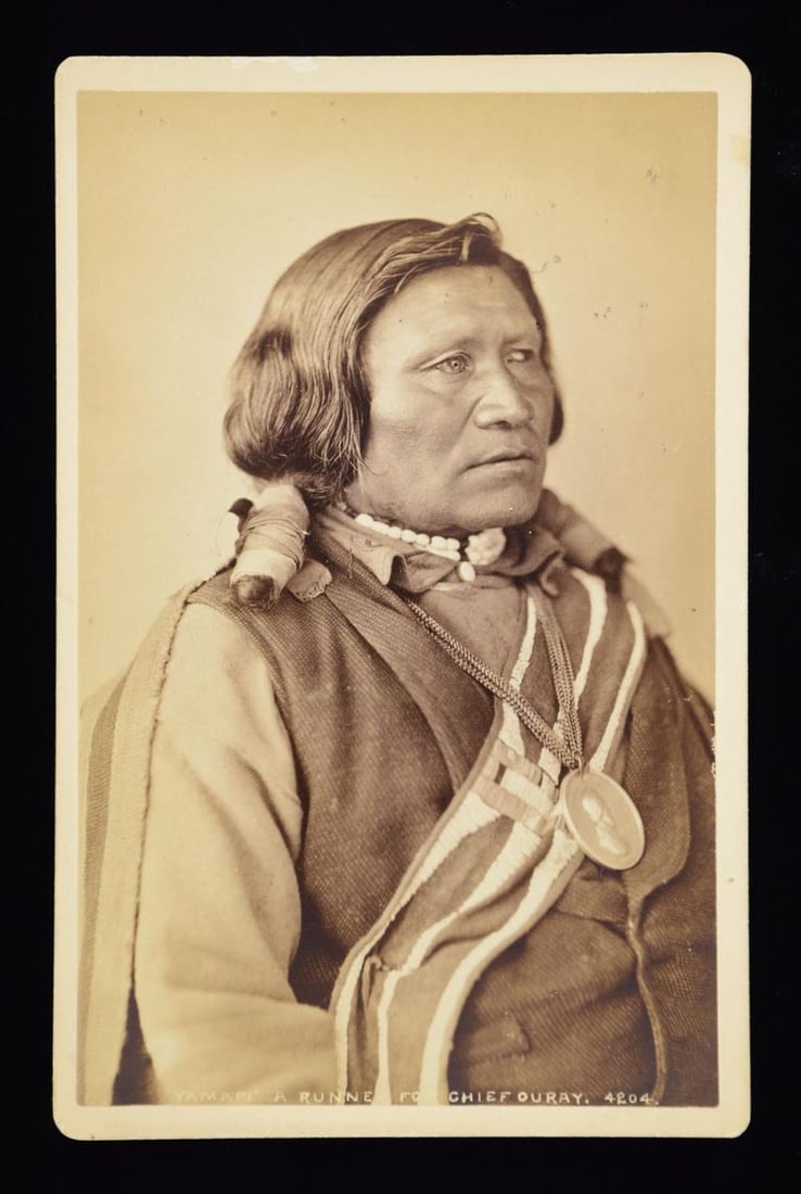 FINE WM. H. JACKSON CABINET CARD PHOTO OF: YAMAPI, WEARING US PRESEDENTIAL PEACE MEDAL. William H Jackson, Denver, circa 1880 "Yamapi", "a runner for Chief Ouray", imprinted on bottom of emulsion. Yamapi is seen in photograph from 1880 of the 