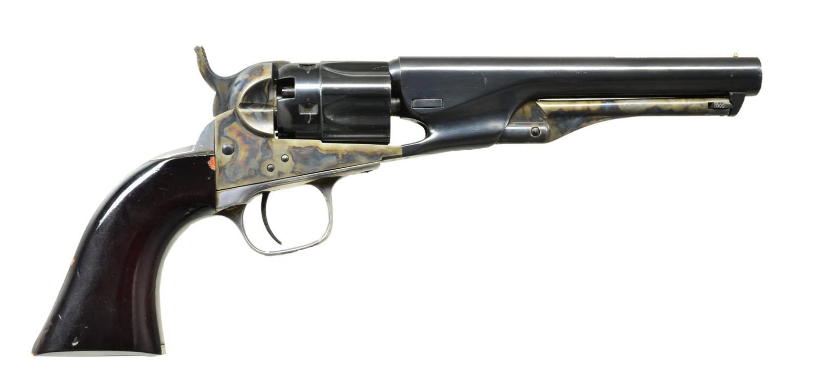 COLT 2ND GEN 1862 POCKET POLICE REVOLVER.: Cal. 36. S# 49597. Bbl. 5 1/2", rnd. w/ brass bead. Mfg. 1980–1981; 3,756 units. Case-colored frame, creeping loading lever, and hammer, plus a silver-plated trigger guard & backstrap. F Series 
